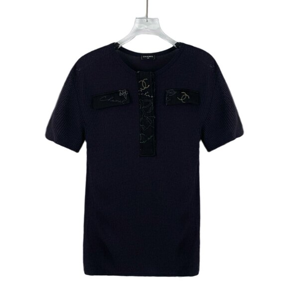 HW0098 Chanel Chanel Black Silk Pattern Embroidered Round Neck Short Sleeve Knit - Picture 1 of 7